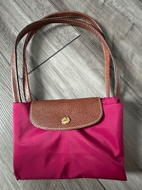 Longchamp Pink Nylon Shoulder Bag with Brown Leather Flap and Straps